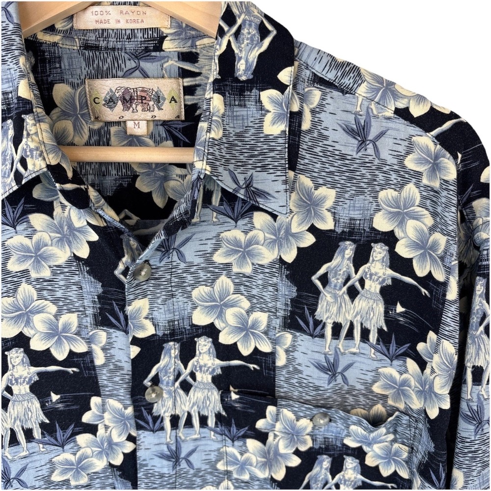 Vintage Campia Hawaiian Shirt M Hula Girls Blue‎ Floral Tiki Print Beach Rayon